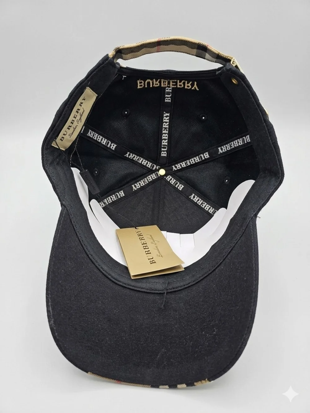 🔥NWT‼️✨ Burberry ✨ Black Baseball Cap Hat with Tan Vintage Check Brim - Unisex - Picture 8 of 14